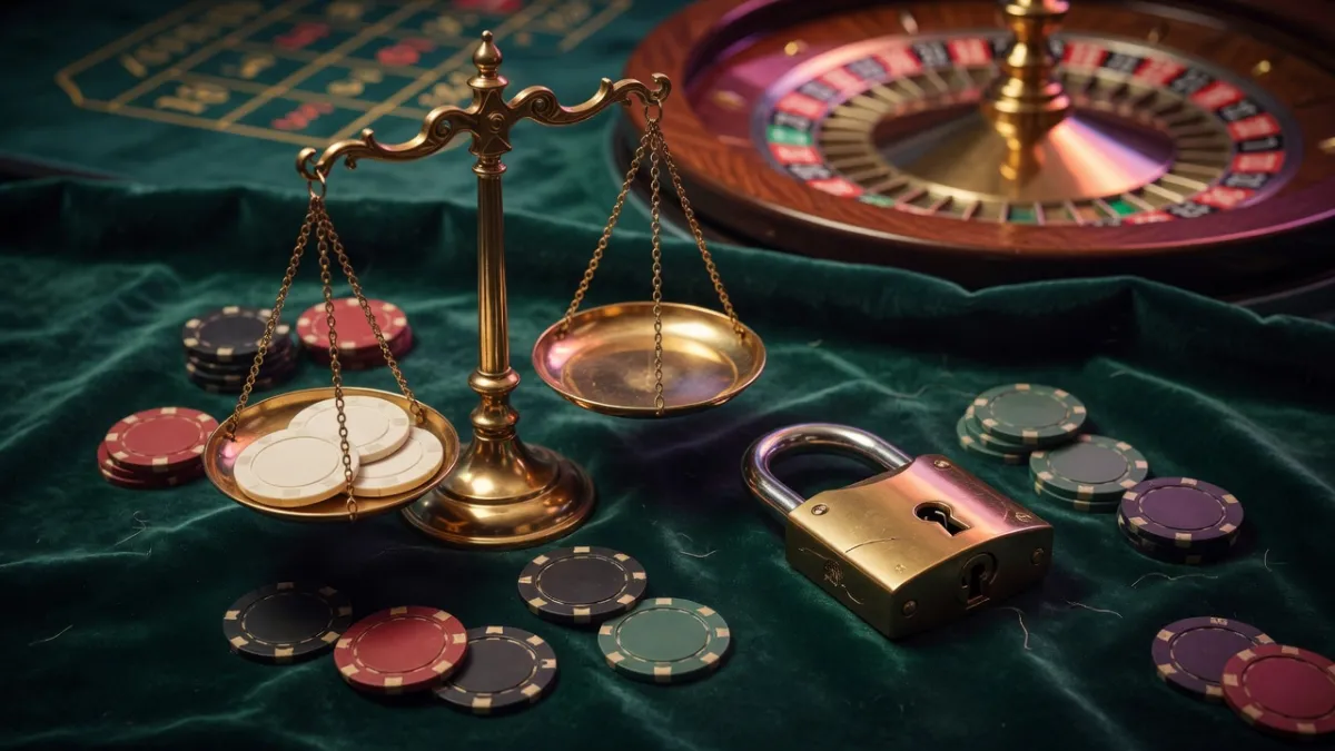 Balança dourada da justiça, cadeado aberto e fichas de casino numa mesa de jogo